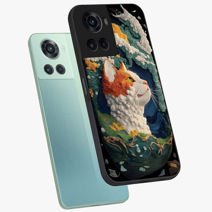 Aurora Cat Dreams Glass Case for 1+10R angled mockup showcasing glossy finish and vibrant cosmic colors