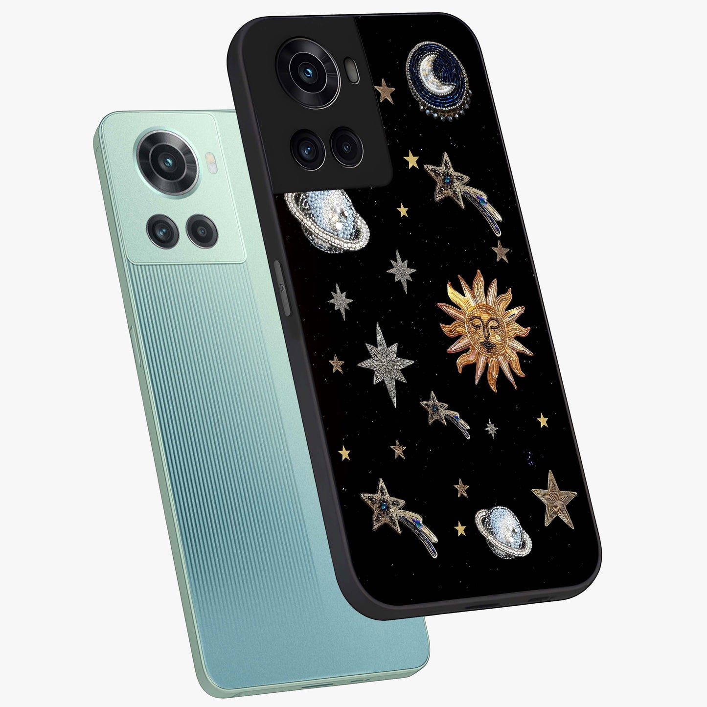 Beaded Cosmic Dreams Glass Case for 1+10R angled mockup showcasing glossy finish and vibrant galaxy detailing
