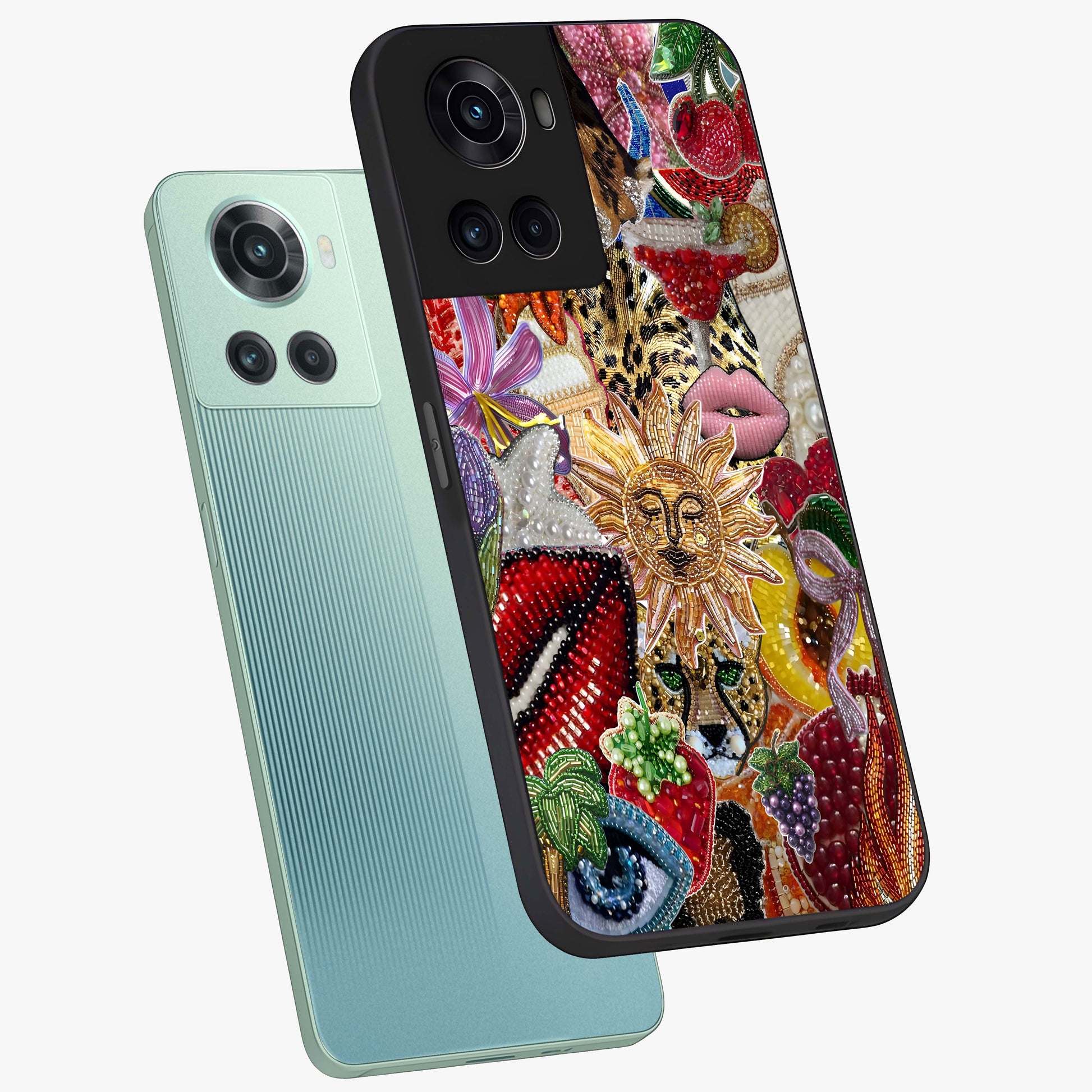 Beaded Fashion Jungle Glass Case for 1+10R angled mockup showcasing glossy finish and vibrant tropical design