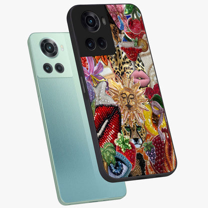 Beaded Fashion Jungle Glass Case for 1+10R angled mockup showcasing glossy finish and vibrant tropical design