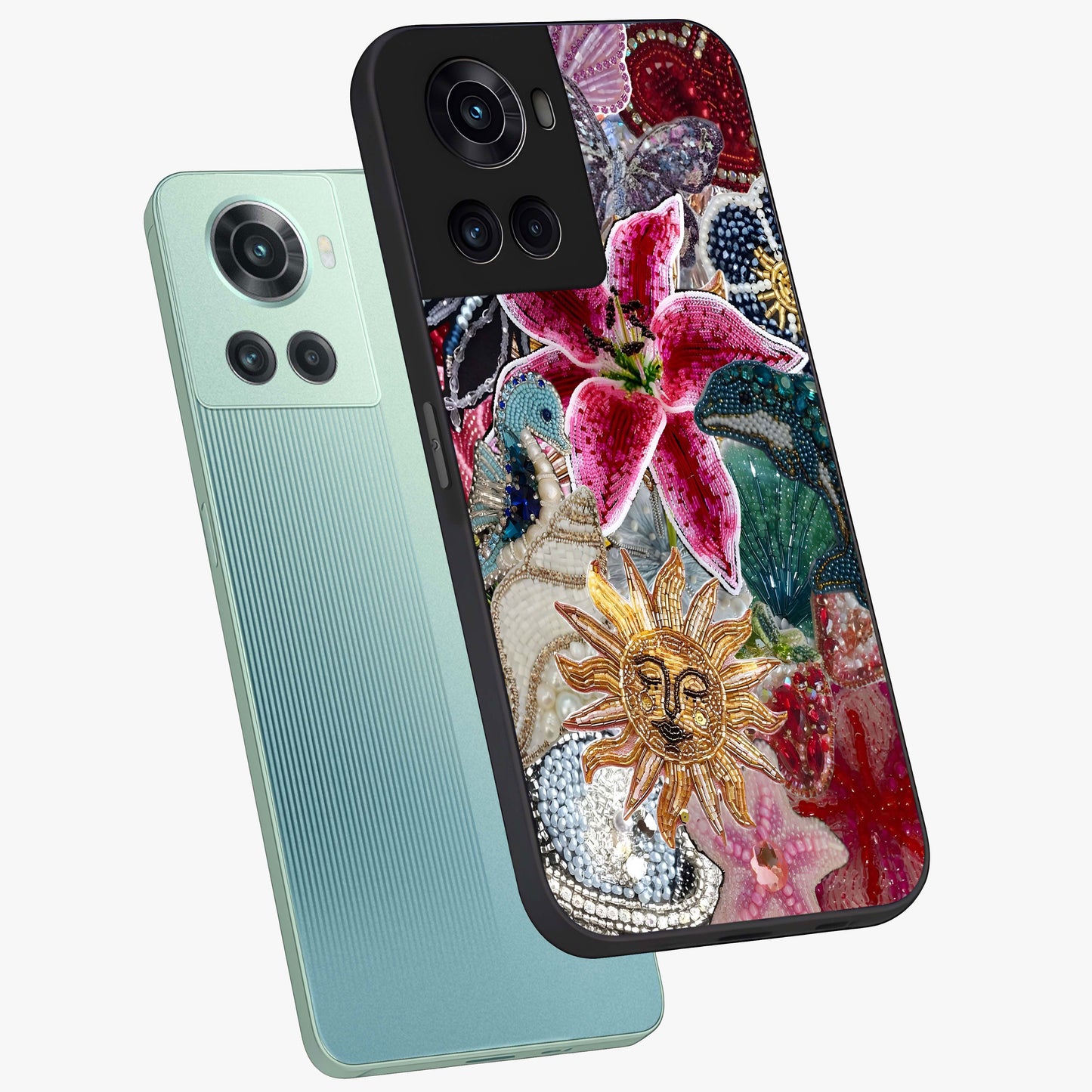 Beaded Garden Fantasy Glass Case for 1+10R angled mockup showcasing glossy finish and detailed fantasy design
