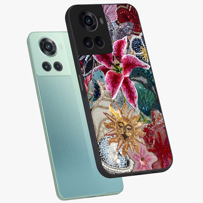 Beaded Garden Fantasy Glass Case for 1+10R angled mockup showcasing glossy finish and detailed fantasy design