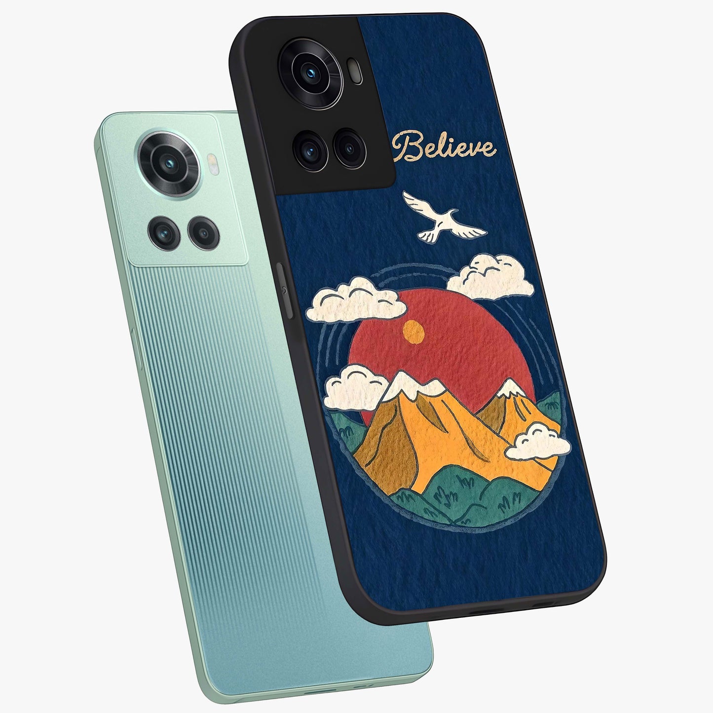 Believe Sky Escape Glass Case for 1+10R angled mockup showcasing glossy finish and serene cloud design