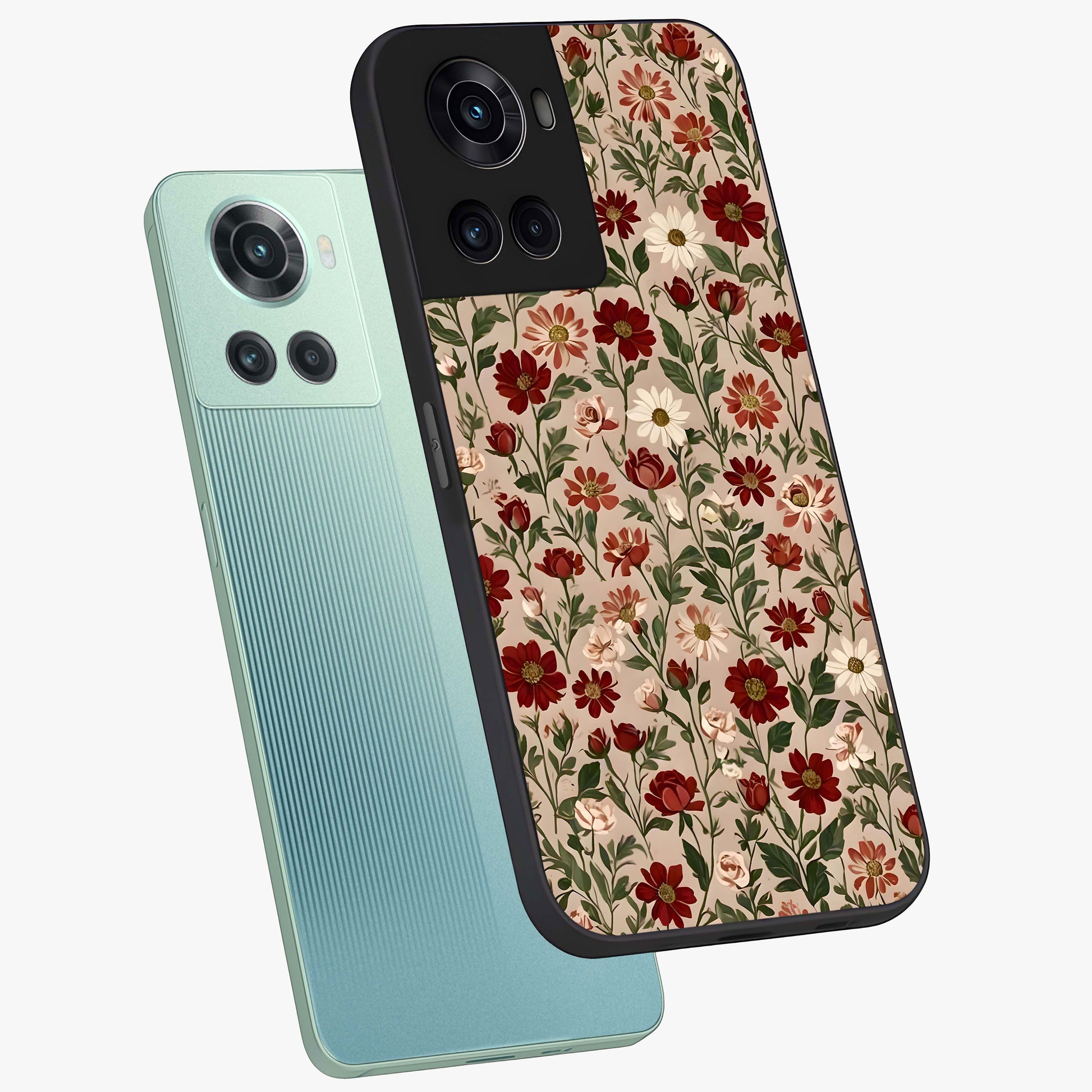 Biege Flower With Leaf Glass Case for 1+10R angled mockup showcasing glossy finish and minimal botanical design
