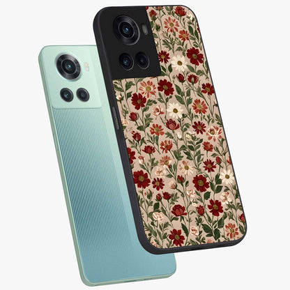 Biege Flower With Leaf Glass Case for 1+10R angled mockup showcasing glossy finish and minimal botanical design