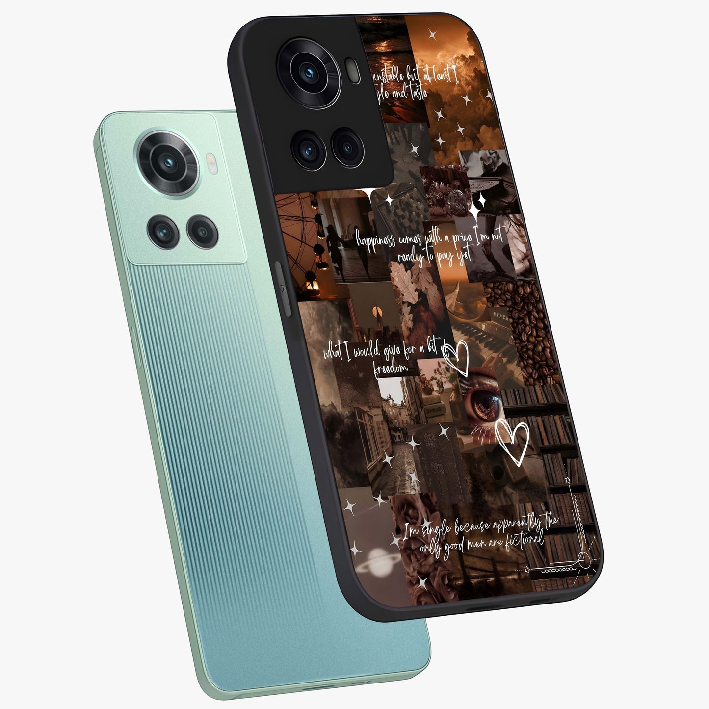 Bittersweet Aesthetic Chaos Glass Case for 1+10R angled mockup showcasing glossy finish and artistic chaotic design