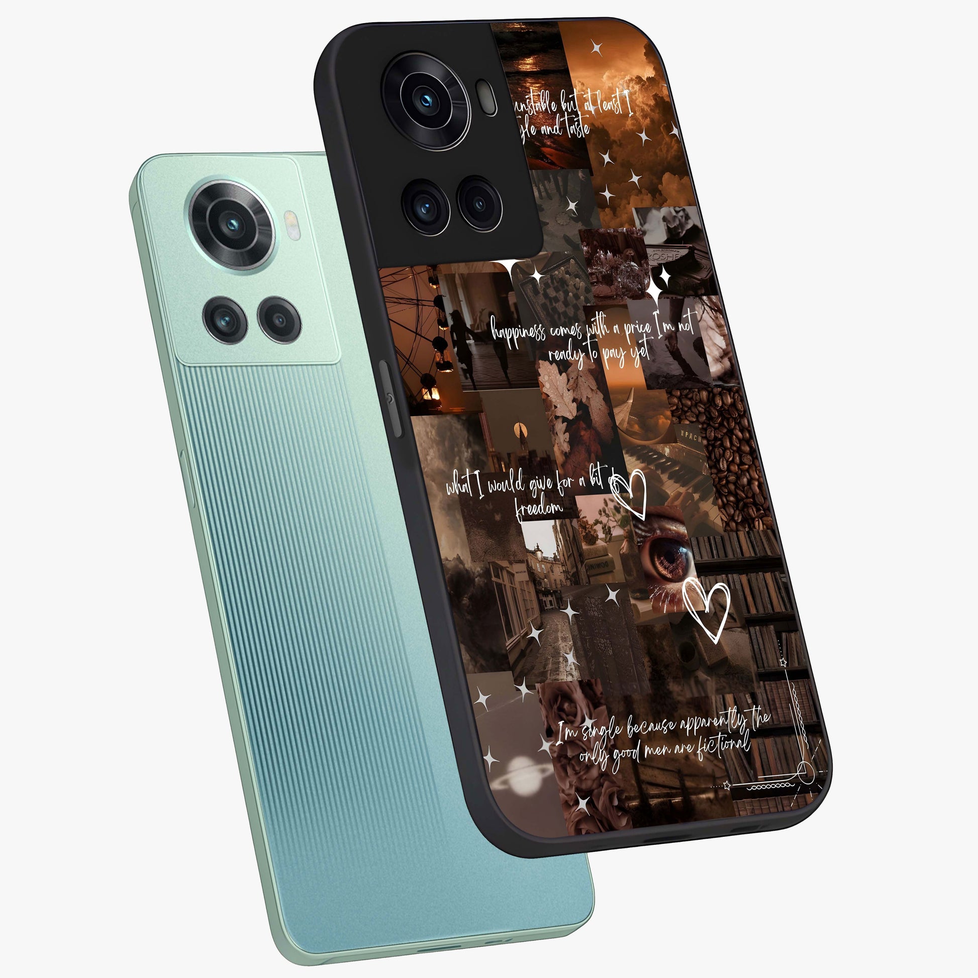 Bittersweet Aesthetic Chaos Glass Case for 1+10R angled mockup showcasing glossy finish and artistic chaotic design