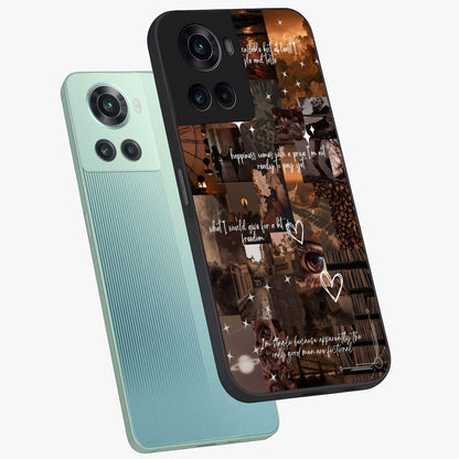 Bittersweet Aesthetic Chaos Glass Case for 1+10R angled mockup showcasing glossy finish and artistic chaotic design