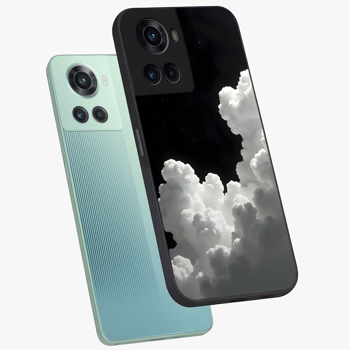 Black Background With White Cloud Glass Case for 1+10R angled mockup showcasing glossy finish and high contrast design