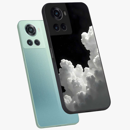 Black Background With White Cloud Glass Case for 1+10R angled mockup showcasing glossy finish and high contrast design