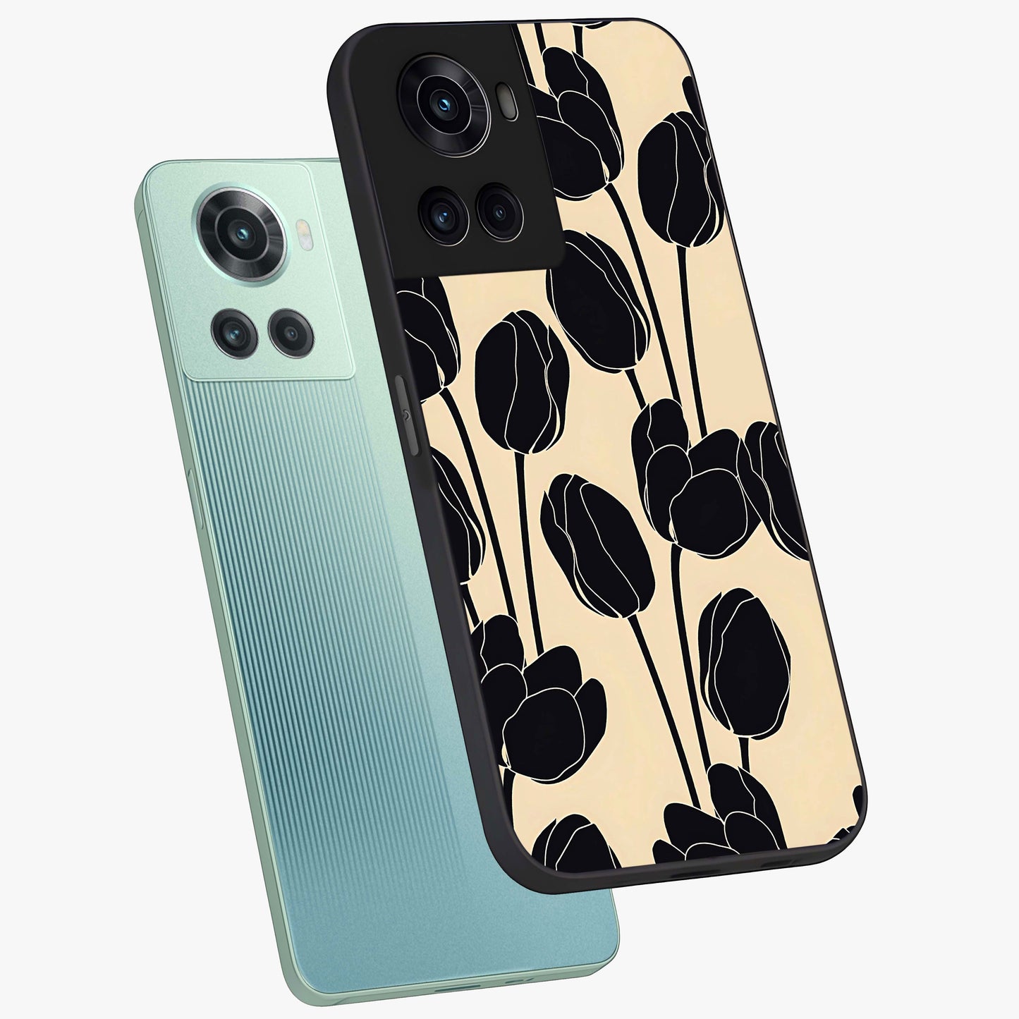 Black Designer Tulip Glass Case for 1+10R angled mockup showcasing glossy finish and premium floral detailing