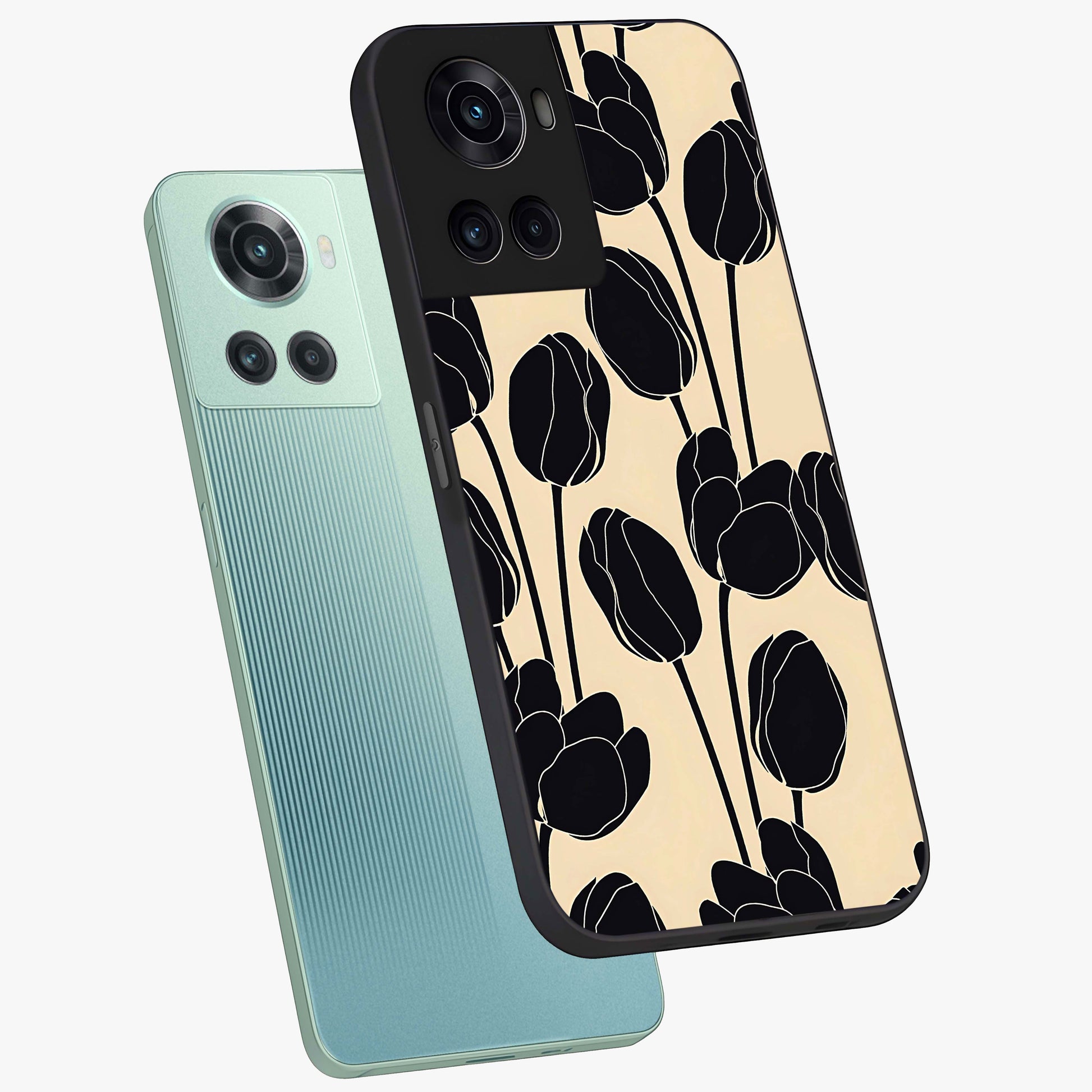 Black Designer Tulip Glass Case for 1+10R angled mockup showcasing glossy finish and premium floral detailing