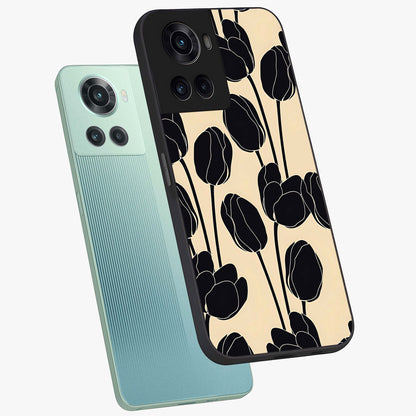 Black Designer Tulip Glass Case for 1+10R angled mockup showcasing glossy finish and premium floral detailing