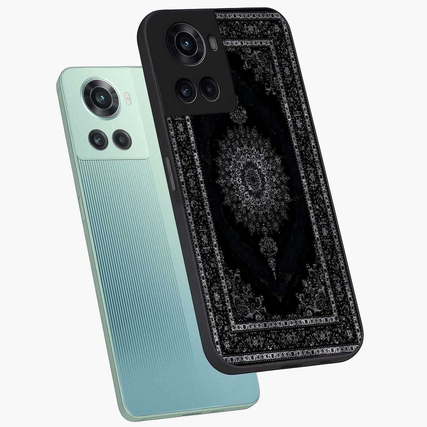 Black Persian Carpet Glass Case for 1+10R angled mockup showcasing glossy finish and detailed ornamental design