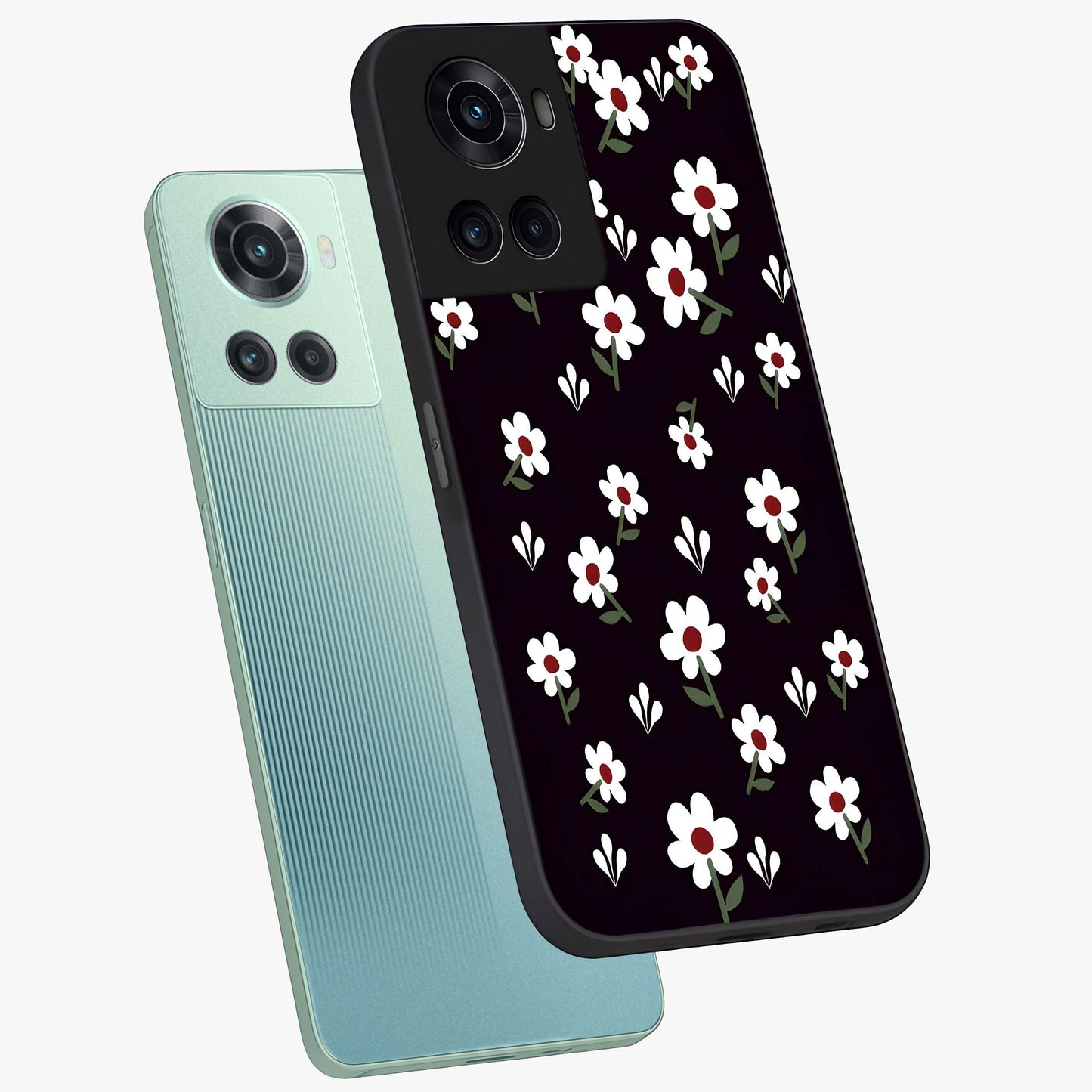 Black Prints Daisy Flower Pattern Glass Case for 1+10R angled mockup showcasing glossy finish and bold floral contrast