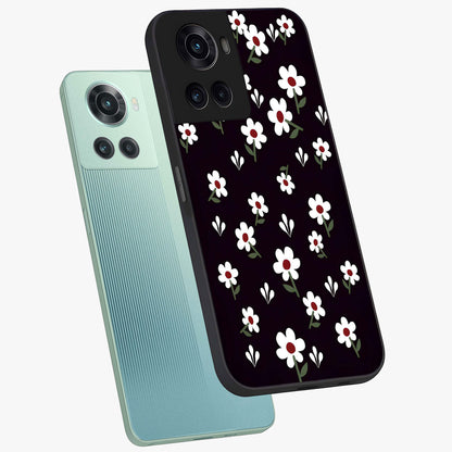 Black Prints Daisy Flower Pattern Glass Case for 1+10R angled mockup showcasing glossy finish and bold floral contrast