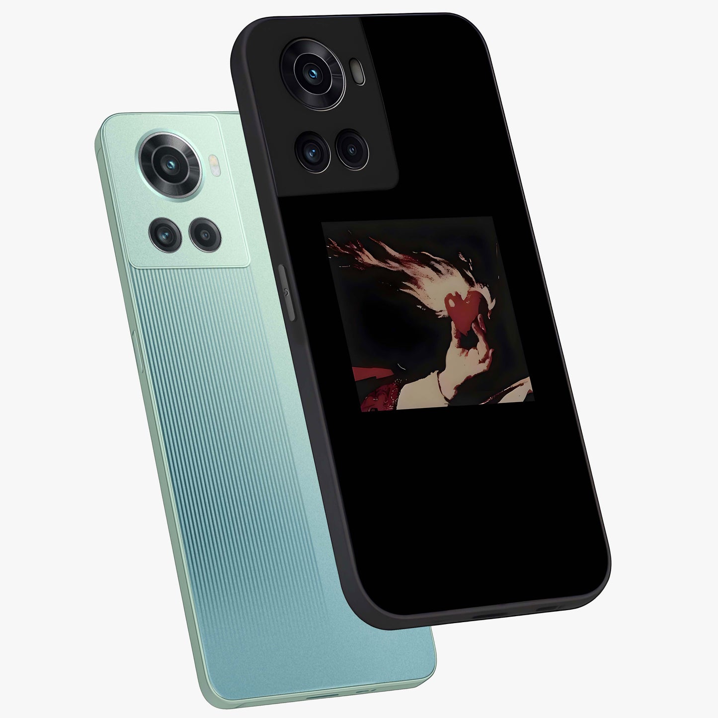 Blazing Heart Faith Glass Case for 1+10R captured at a warm angle highlighting bold flame tones, gloss, and edge clarity.