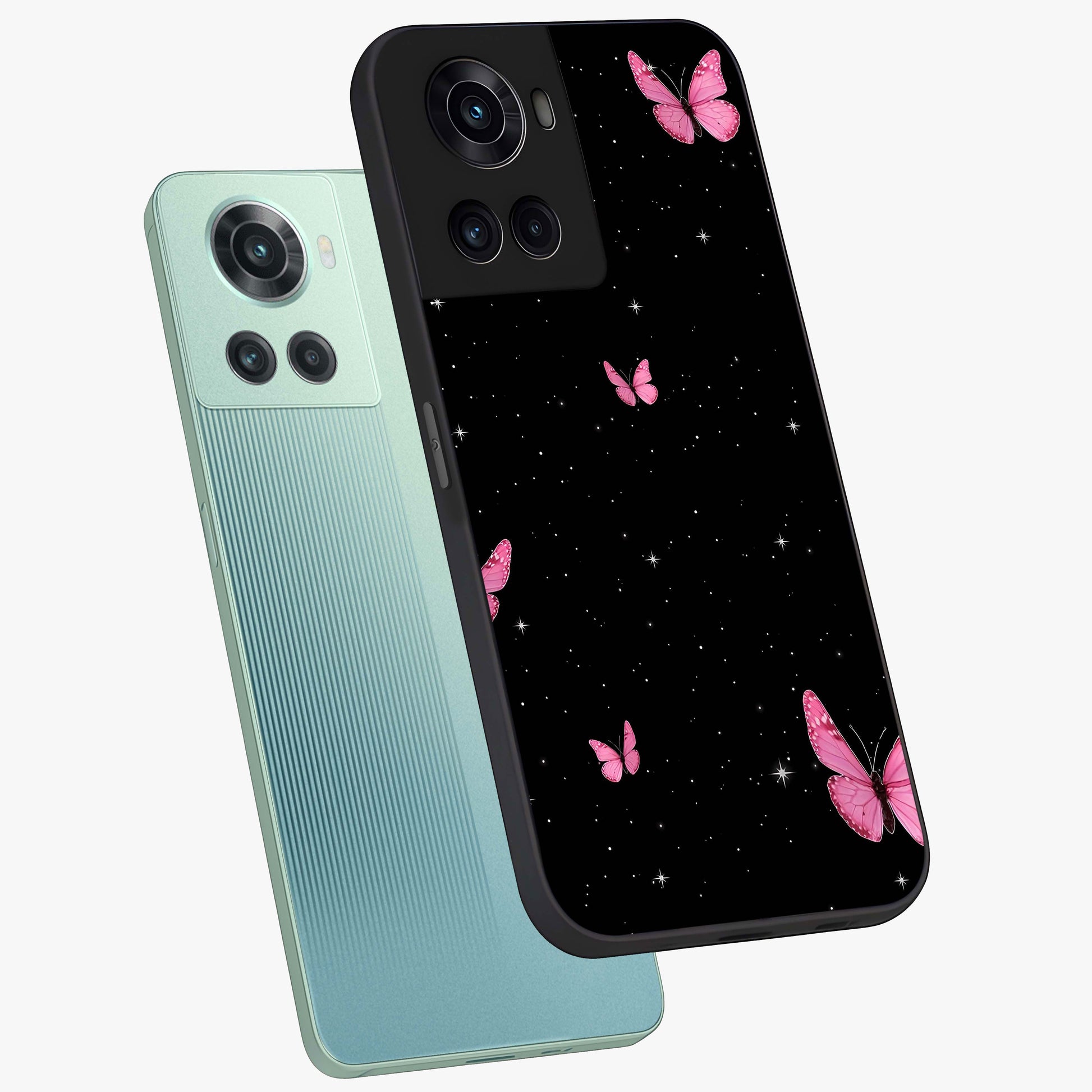 Blinking Butterfly Glass Case for 1+10R captured at a warm angle highlighting soft wing details, gloss, and edge clarity.