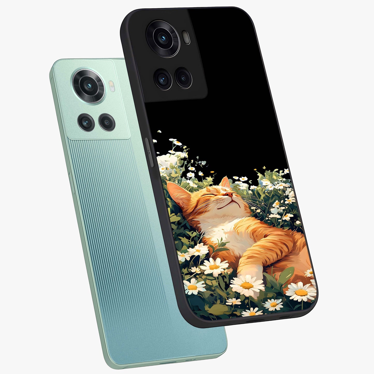 Blissful Bloom Cat Glass Case for 1+10R angled mockup showcasing glossy glass finish and vibrant bloom detailing