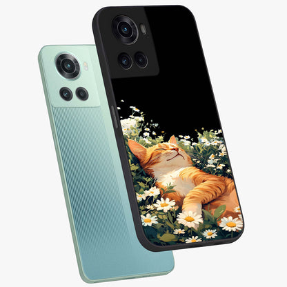 Blissful Bloom Cat Glass Case for 1+10R angled mockup showcasing glossy glass finish and vibrant bloom detailing