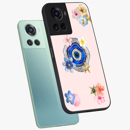 Blossom Evil Charm Glass Case for 1+10R angled mockup showcasing glossy finish and protective charm design