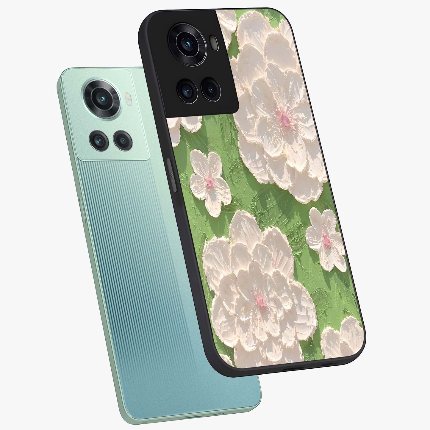 Blossom Meadow Dreams Glass Case for 1+10R angled mockup showcasing glossy finish and pastel bloom textures