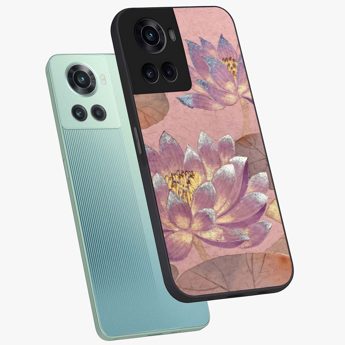 Blossom Mist Lotus Glass Case for 1+10R angled mockup showcasing glossy finish and peaceful floral detailing
