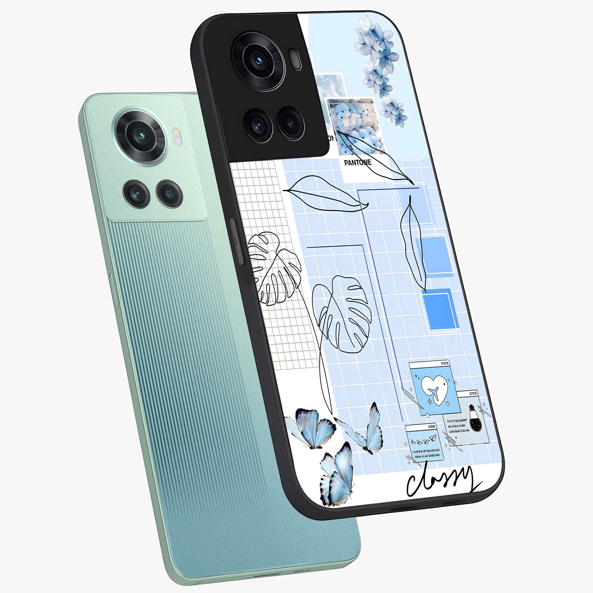 Blue Aesthetic Flower Glass Case for 1+10R angled mockup showcasing glossy finish and delicate bloom design