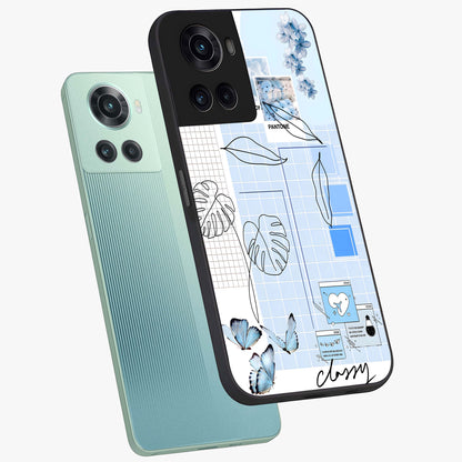 Blue Aesthetic Flower Glass Case for 1+10R angled mockup showcasing glossy finish and delicate bloom design