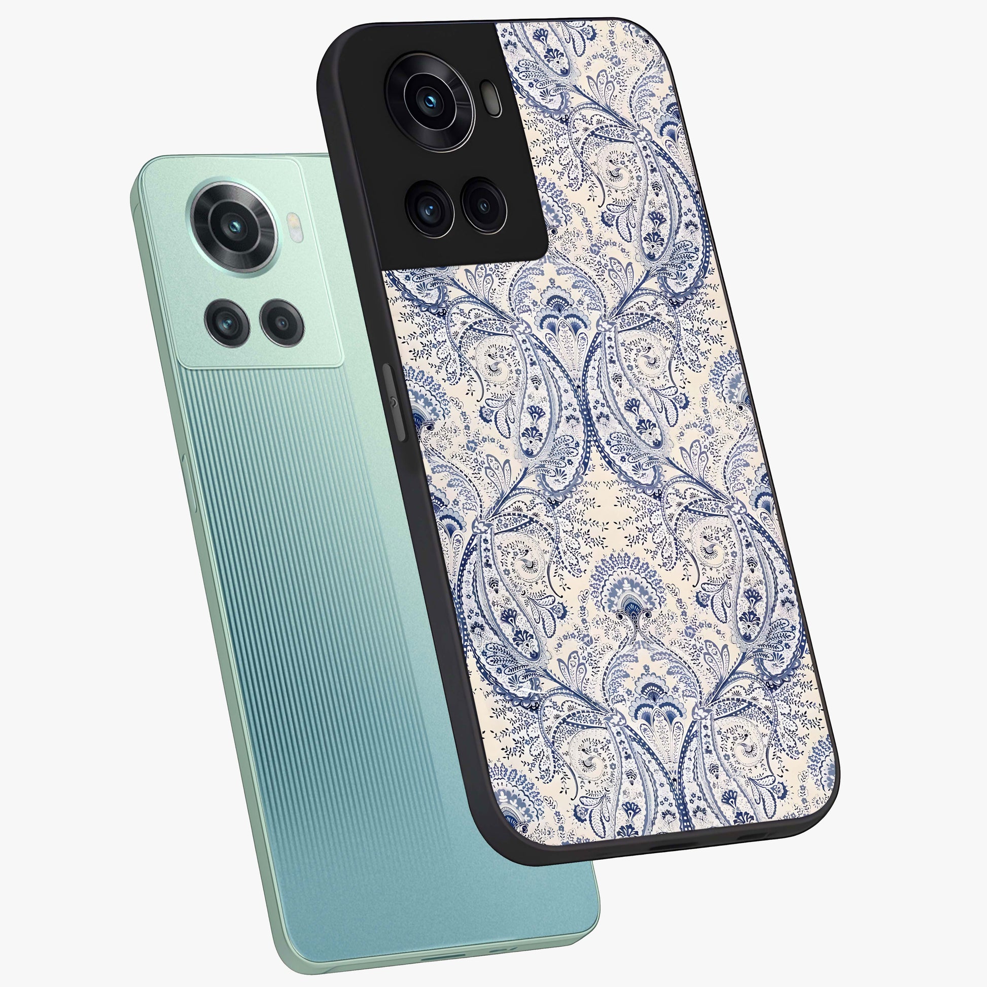 Blue Paisley Bloom Glass Case for 1+10R angled mockup showcasing glossy finish and detailed ornamental design