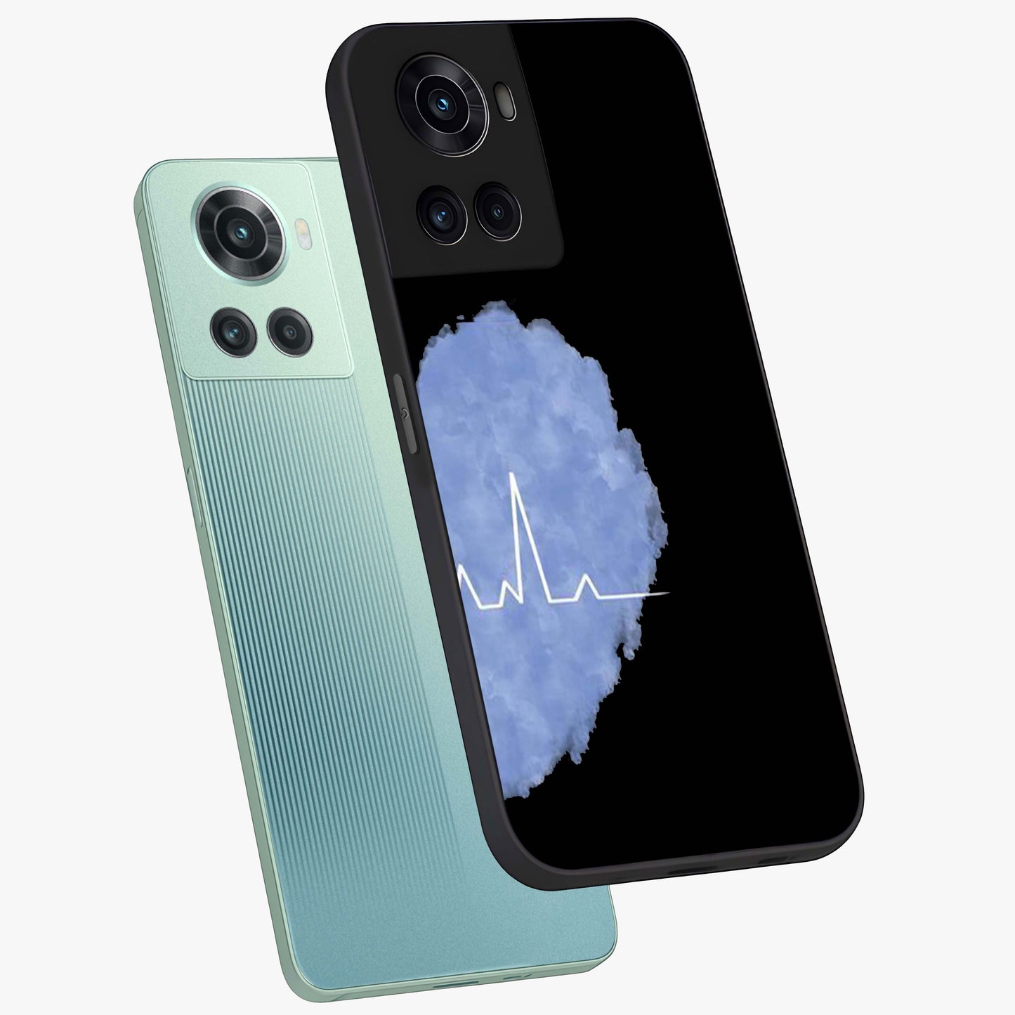 Blue Pulse Bond Glass Case for 1+10R angled mockup showcasing glossy glass finish and vibrant energy design