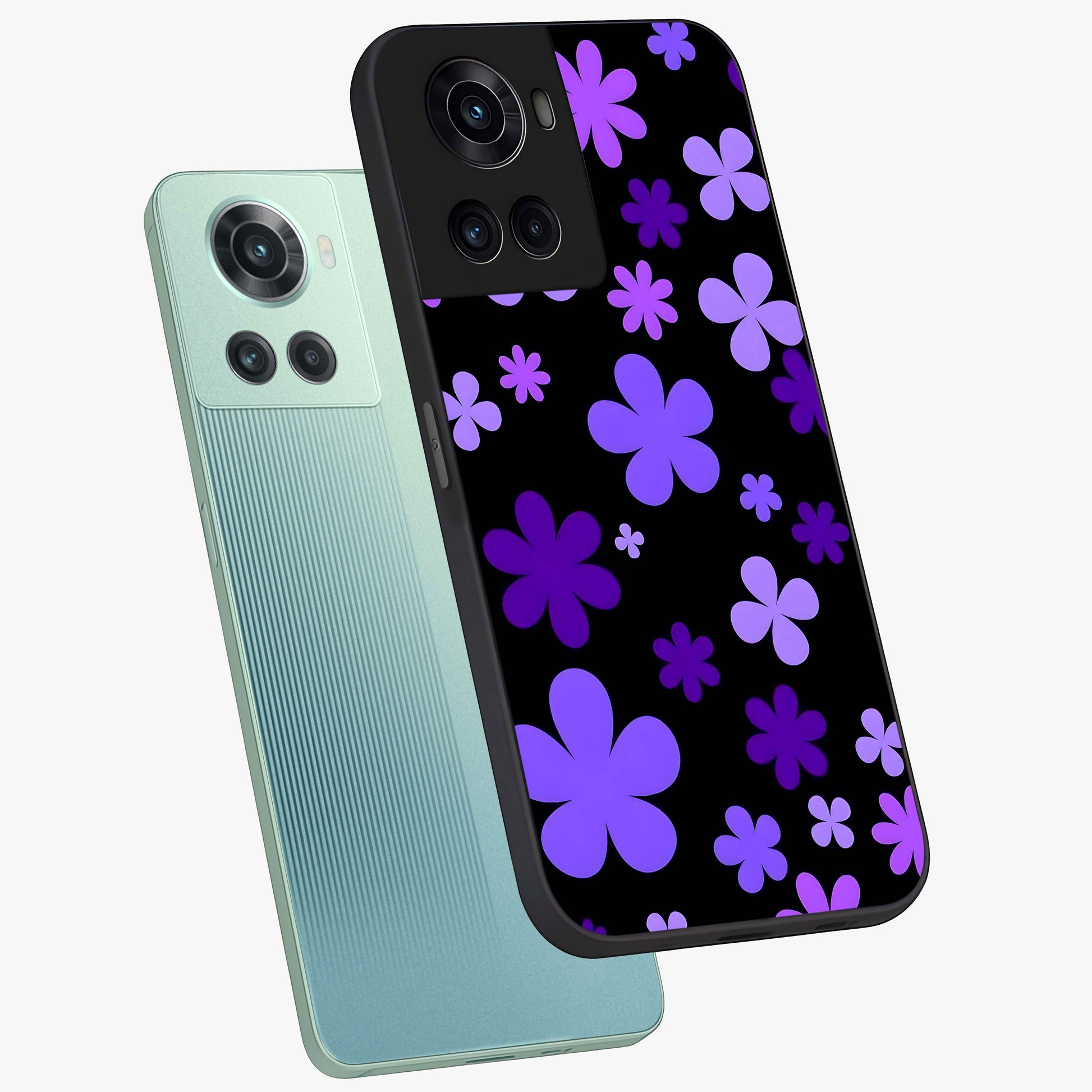 Blue Retro Pop Flowers Glass Case for 1+10R angled mockup showcasing glossy finish and playful pop flower design