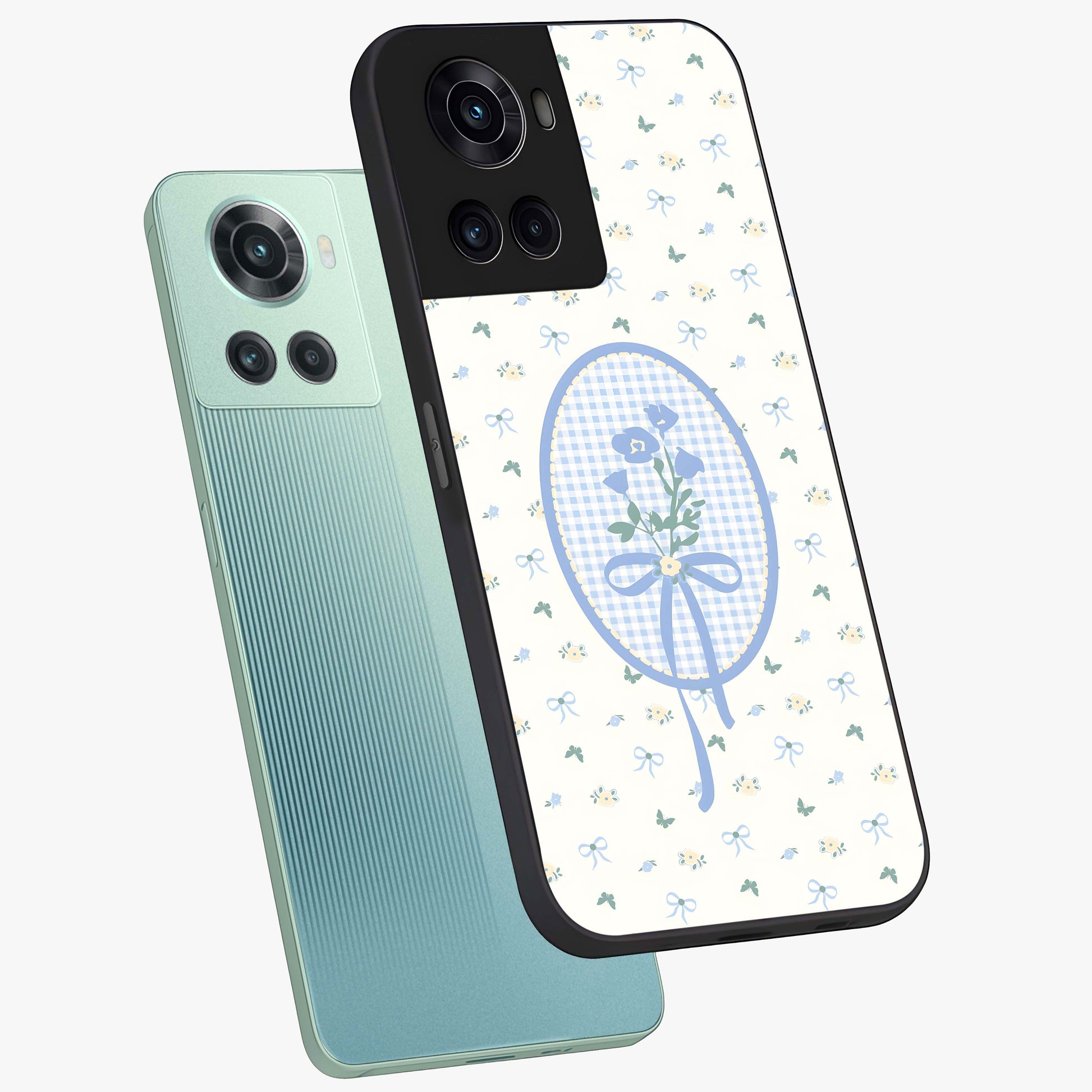 Blue Ribbon Bloom Glass Case for 1+10R angled mockup showcasing glossy finish and delicate bloom detailing
