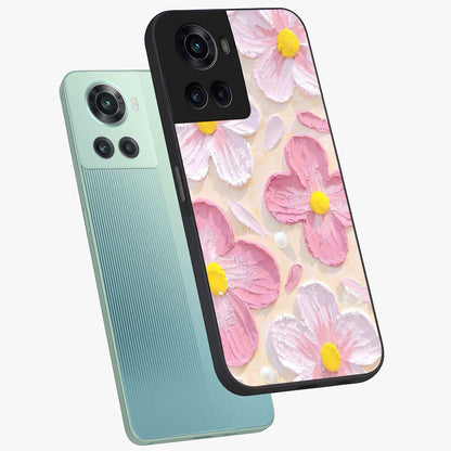 Blush Bloom Texture Glass Case for 1+10R angled mockup showcasing glossy finish and layered texture detailing