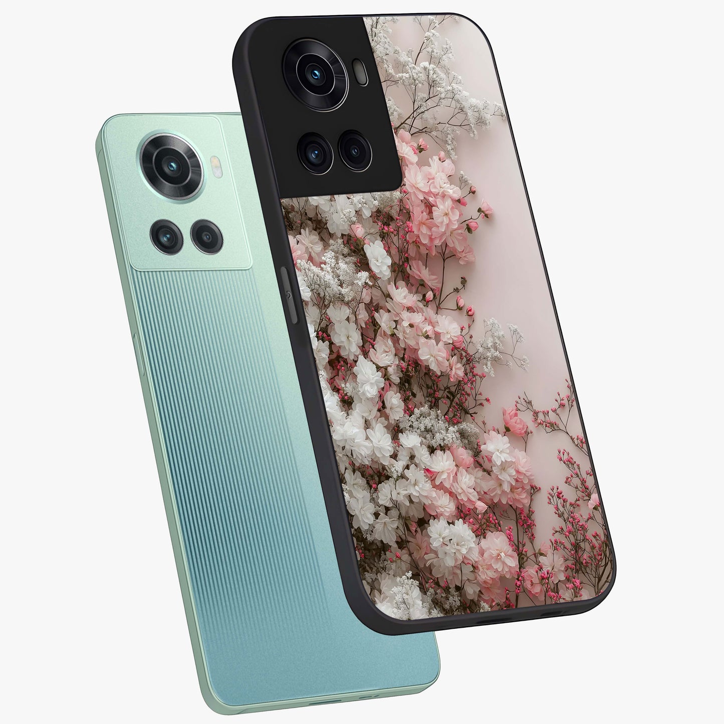 Blush Blossom Cloud Glass Case for 1+10R angled mockup showcasing glossy finish and pastel floral design