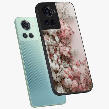 Blush Blossom Cloud Glass Case for 1+10R angled mockup showcasing glossy finish and pastel floral design