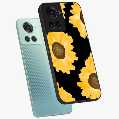 Bold Sunflowers Glow Glass Case for 1+10R angled mockup showcasing glossy glass finish and bright floral detailing