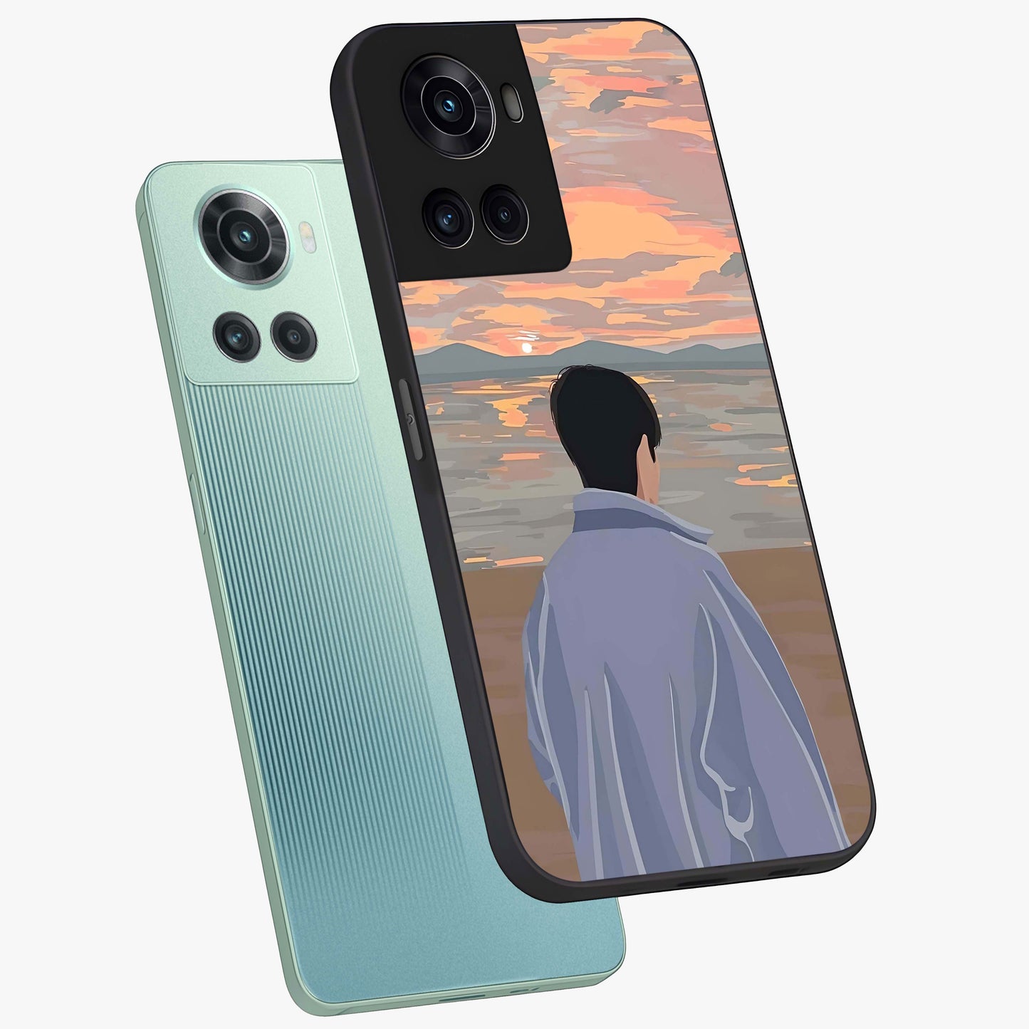Boy Facing Sunset Beach Glass Case for 1+10R angled mockup showcasing glossy finish and warm beach tones