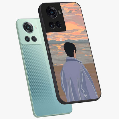 Boy Facing Sunset Beach Glass Case for 1+10R angled mockup showcasing glossy finish and warm beach tones