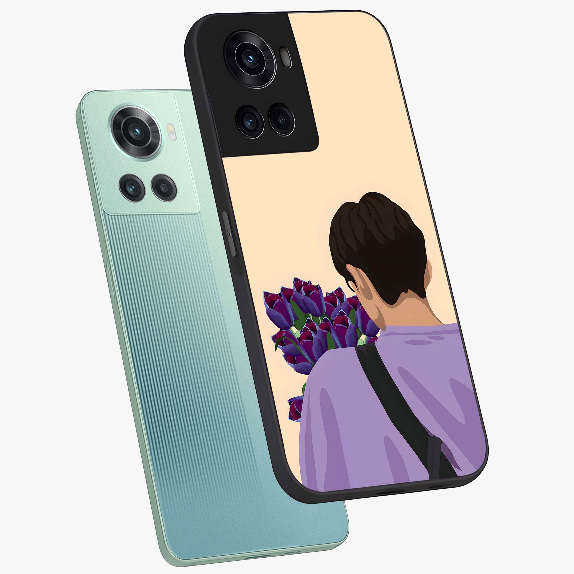 Boy Holding Flowers Glass Case for 1+10R angled mockup showcasing glossy finish and gentle pastel artwork
