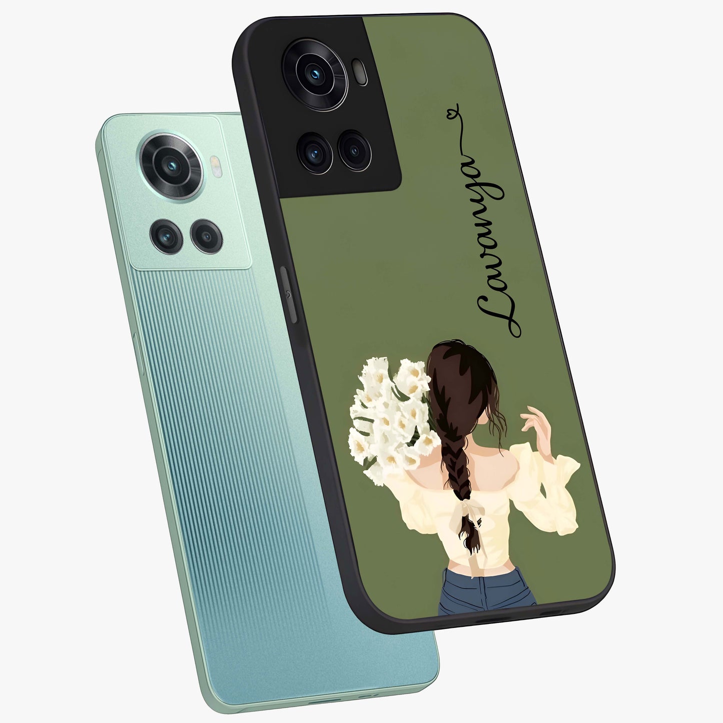 Braided Spring Beauty With Custom Name Glass Case for 1+10R angled mockup showcasing glossy finish and spring inspired detailing