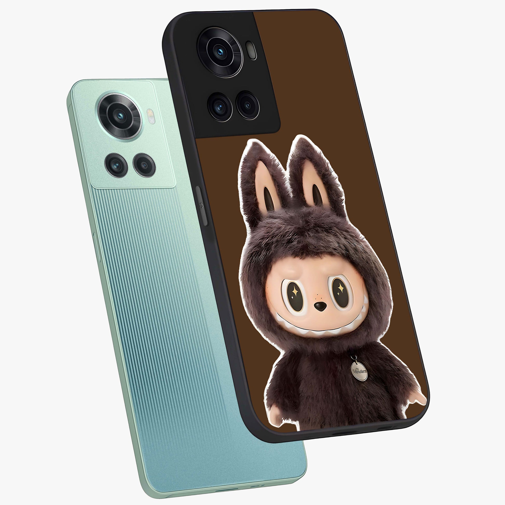 Brown Labubu Design Glass Case for 1+10R angled mockup showcasing glossy finish and detailed cartoon illustration