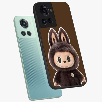 Brown Labubu Design Glass Case for 1+10R angled mockup showcasing glossy finish and detailed cartoon illustration