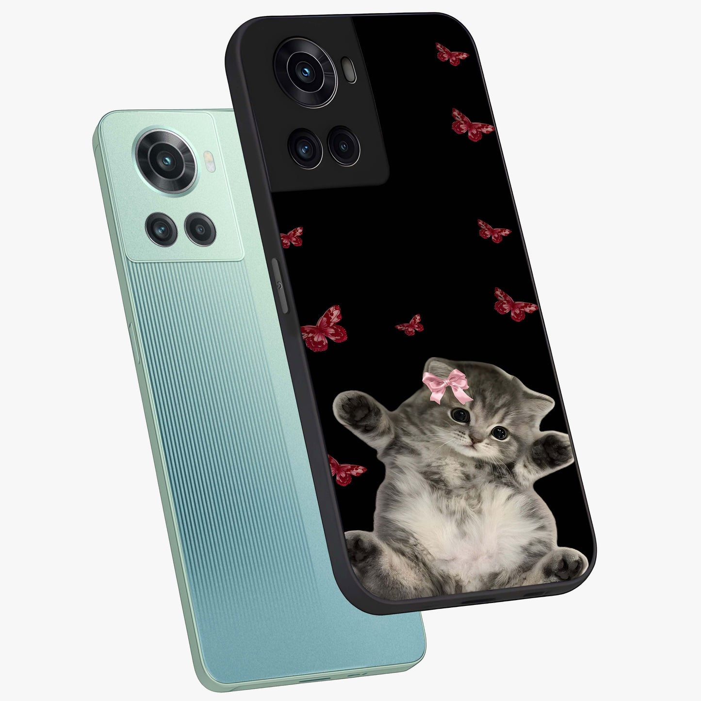 Butterfly Cat Bliss Glass Case for 1+10R angled mockup showcasing glossy finish and soft pastel tones