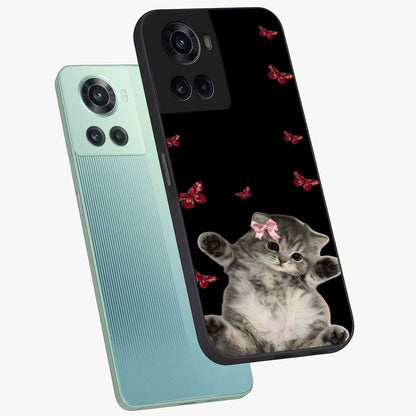 Butterfly Cat Bliss Glass Case for 1+10R angled mockup showcasing glossy finish and soft pastel tones