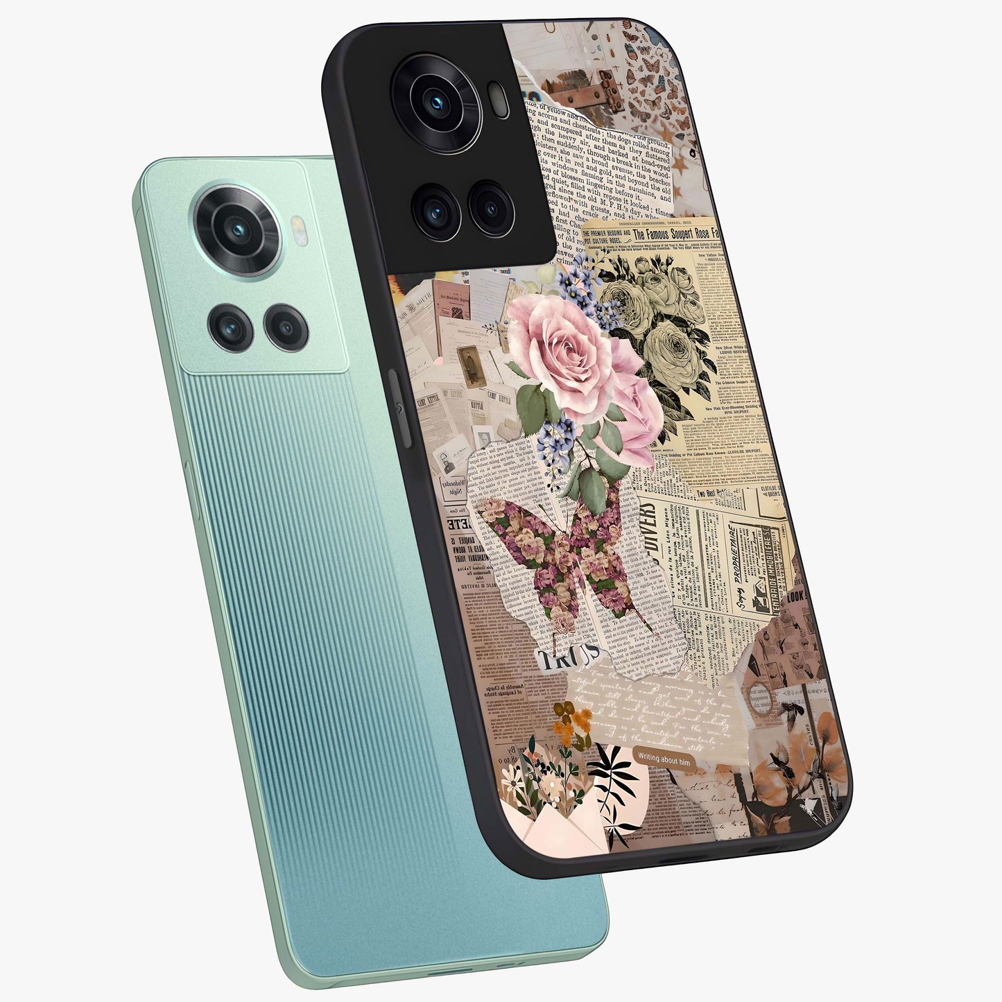 Butterfly News Bloom Glass Case for 1+10R angled mockup showcasing glossy finish and vibrant nature design