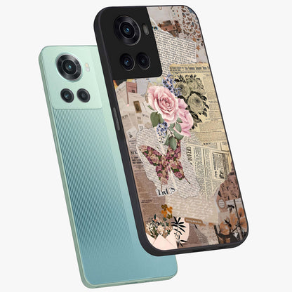 Butterfly News Bloom Glass Case for 1+10R angled mockup showcasing glossy finish and vibrant nature design