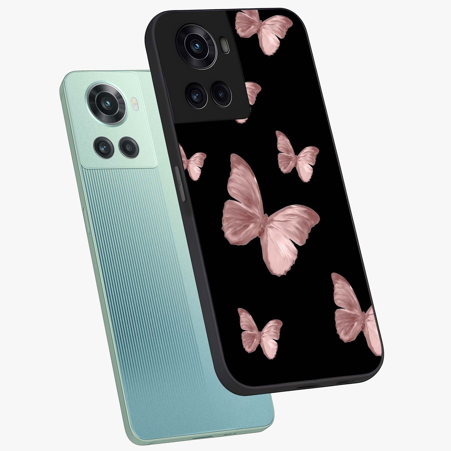 Butterfly Pattern Glass Case for 1+10R angled mockup showcasing glossy glass finish and delicate wing design
