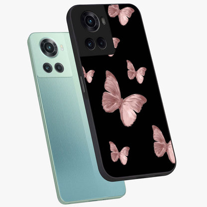 Butterfly Pattern Glass Case for 1+10R angled mockup showcasing glossy glass finish and delicate wing design