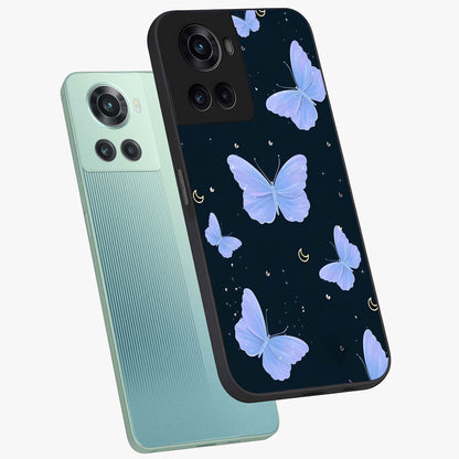 Butterfly With Stars Pattern Glass Case for 1+10R angled mockup showcasing glossy finish and celestial inspired design